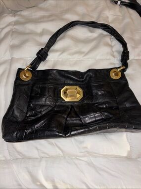 B Makowsky Black Leather Shoulder Bag with Gold Accent